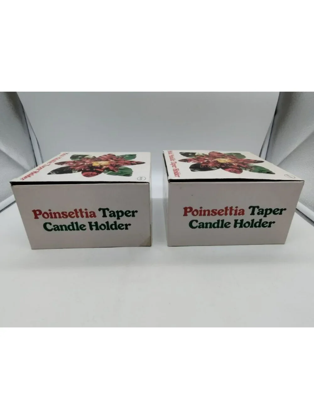 2 Vintage Christmas Taper Candle Holders Shiny metal Poinsettia Flower, Orig Box